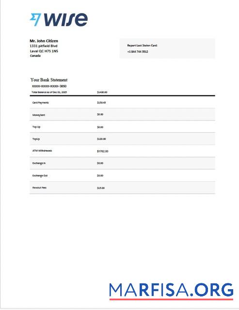 Blank Canada Wise bank statement word template